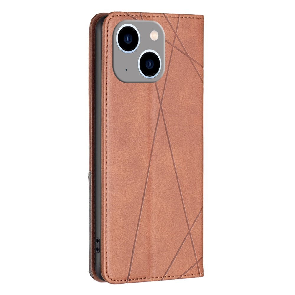 iPhone 14 Plus Leather Flip Case w. Geometric Lines - Brown