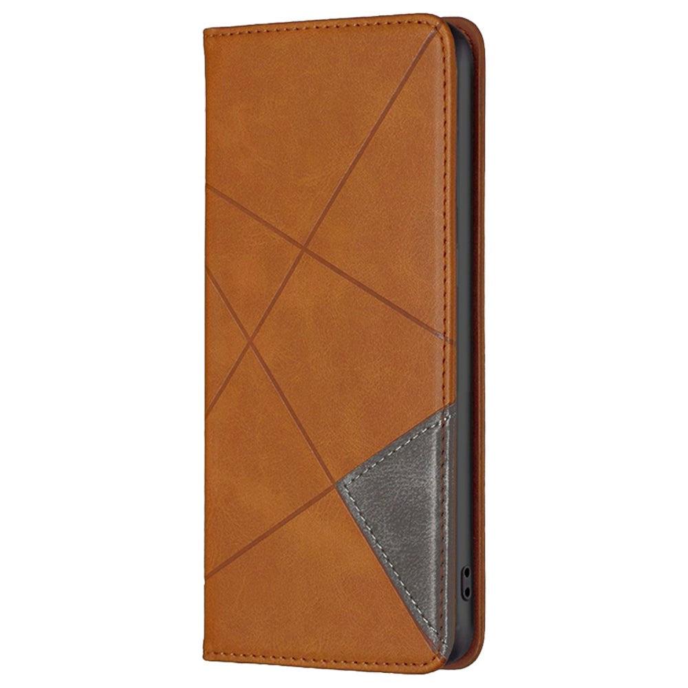 iPhone 14 Plus Leather Flip Case w. Geometric Lines - Light Brown