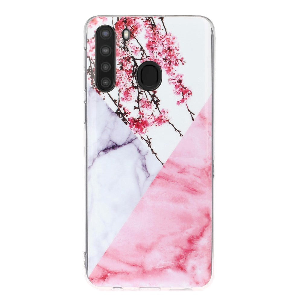 Samsung Galaxy A21 Flexible Plastic Case w. Marble Print - Pink Marble / Flowers