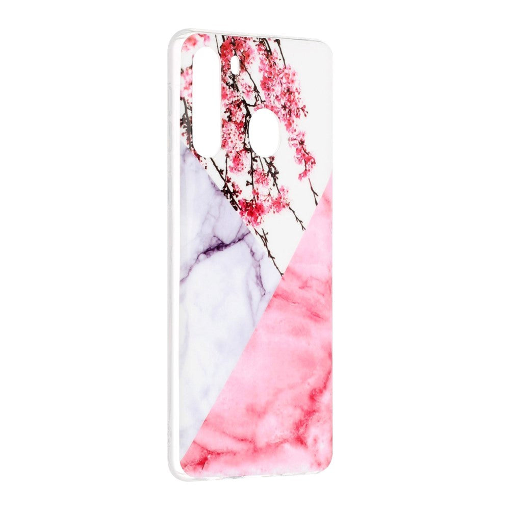 Samsung Galaxy A21 Flexible Plastic Case w. Marble Print - Pink Marble / Flowers