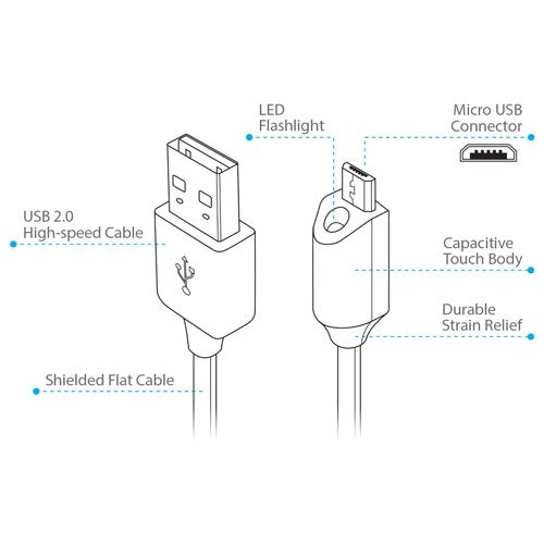 Naztech Micro-USB Cable with Light 1.8m - Black