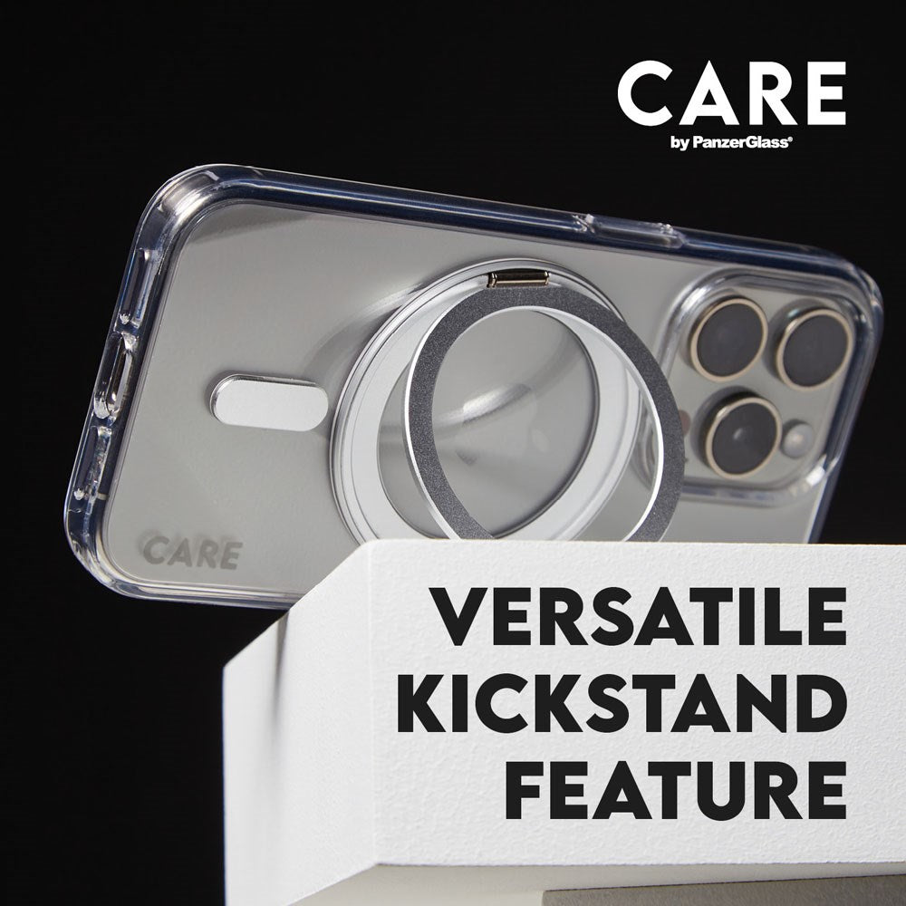 CARE by PanzerGlass iPhone 16 Plus Feature Kickstand Case - MagSafe Compatible - Transparent / Black
