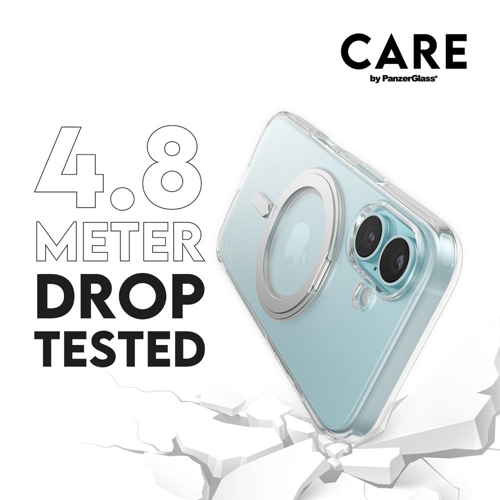 CARE by PanzerGlass iPhone 16 Feature Kickstand Case - MagSafe Compatible - Transparent / Silver