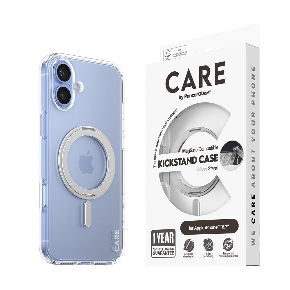 CARE by PanzerGlass iPhone 16 Plus Feature Kickstand Case - MagSafe Compatible - Transparent / Silver