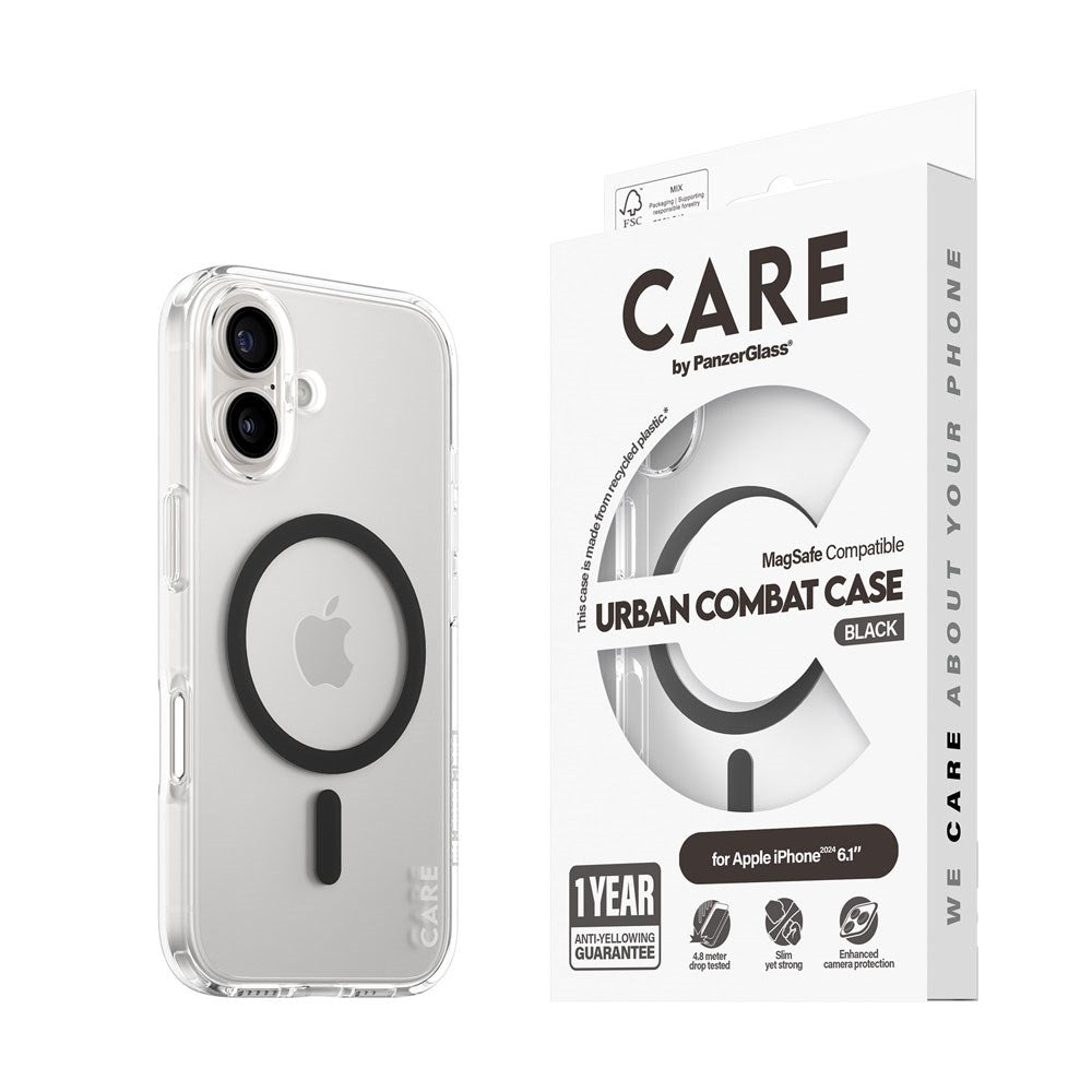 CARE by PanzerGlass iPhone 16 FLAGSHIP Urban Combat Case - MagSafe Compatible - Transparent / Black