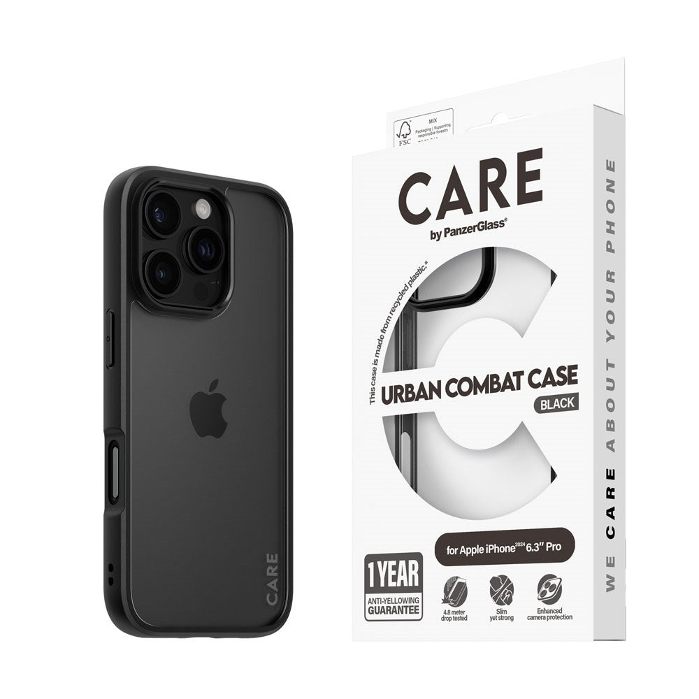 CARE by PanzerGlass iPhone 16 Pro FLAGSHIP Urban Combat Case - Transparent / Black Frame