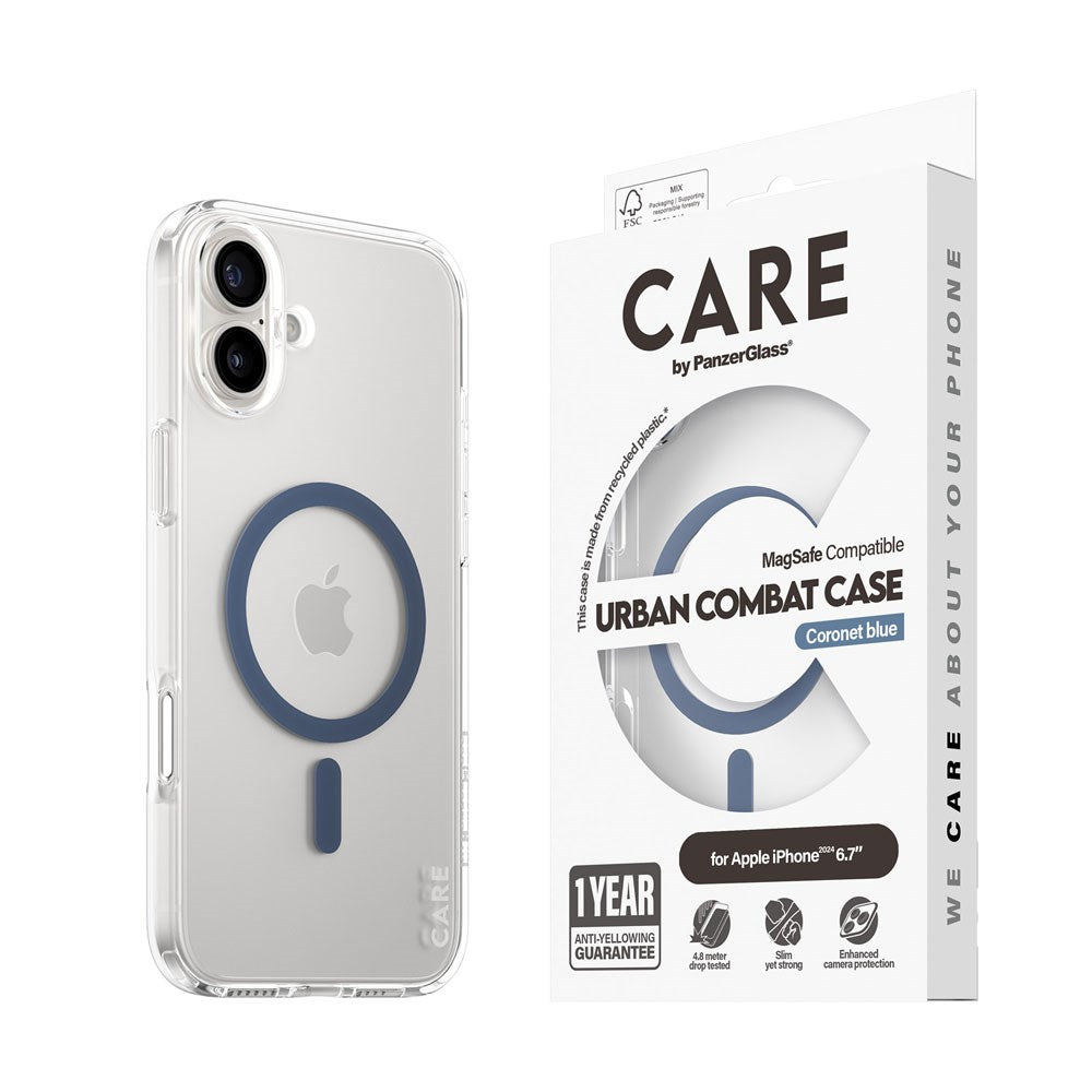 CARE by PanzerGlass iPhone 16 Plus FLAGSHIP Urban Combat Case - MagSafe Compatible - Transparent / Coronet Blue