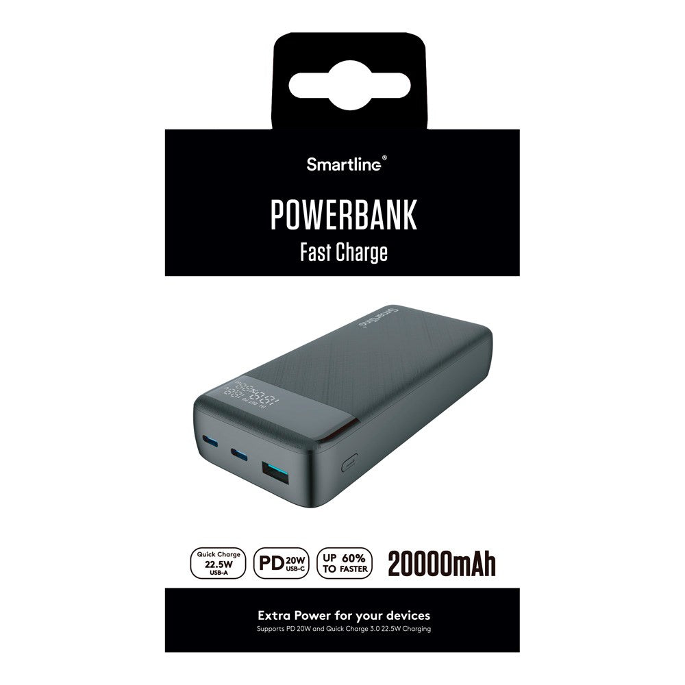 Smartline 20.000mAh Powerbank with PD / QC3.0 & LED-Display - Black