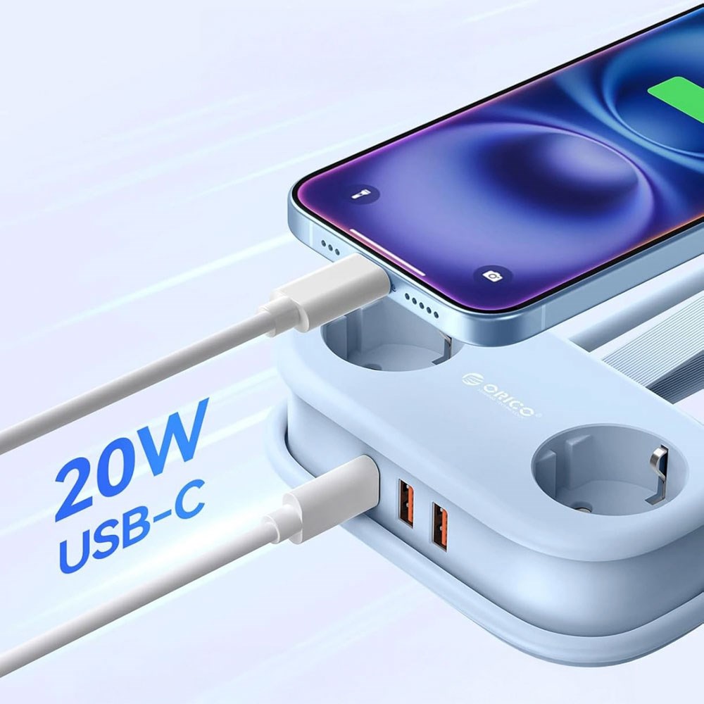 ORICO 20W 5-in-1 Power Strip with 2 x Schuko 2 x USB-A 1 x USB-C - Blue