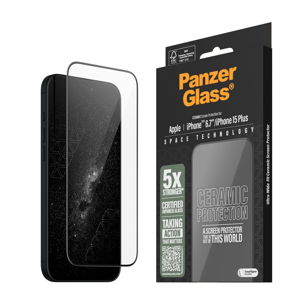 iPhone 15 Plus / 16 Plus PanzerGlass Ultra Wide Fit Ceramic Screen Protector w. EasyAligner - Black Edge