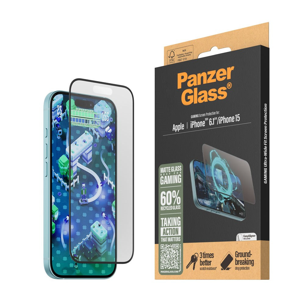 iPhone 15 / 16 PanzerGlass Ultra Wide Fit Screen Protector w. EasyAligner - Anti-Reflective - Diamond Strength - Transparent / Black Edge