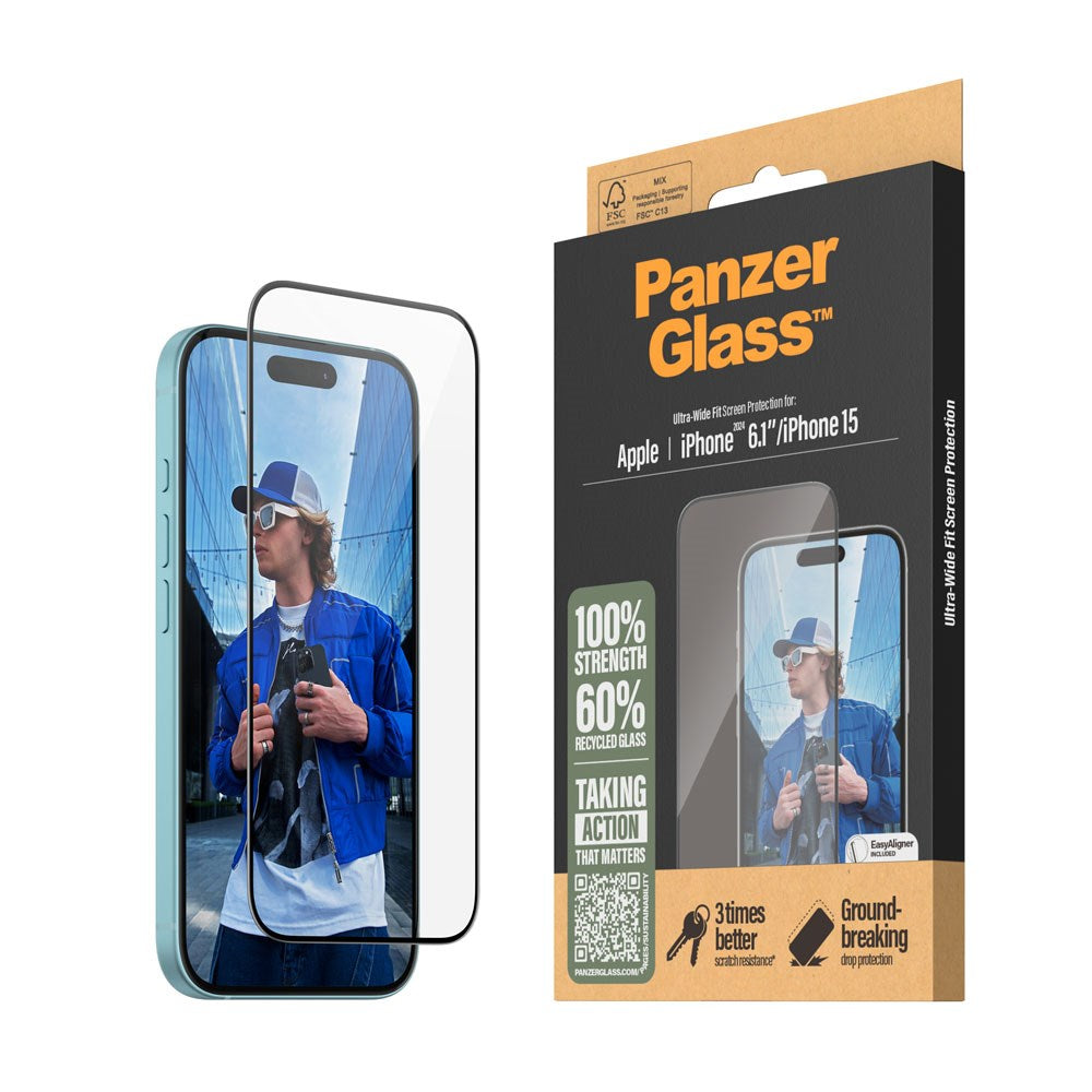 iPhone 15 / 16 PanzerGlass Ultra Wide Fit Screen Protector w. EasyAligner - Diamond Strength - Transparent / Black Edge