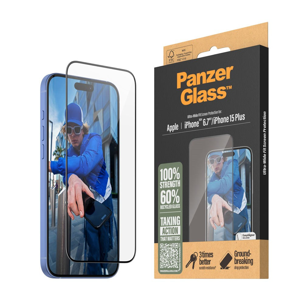 iPhone 15 Plus / 16 Plus PanzerGlass Ultra Wide Fit Screen Protector w. EasyAligner - Diamond Strength - Transparent / Black Edge