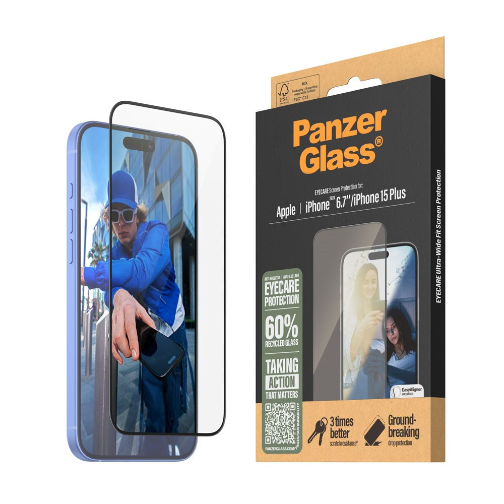 iPhone 15 Plus / 16 Plus PanzerGlass Ultra Wide Fit Screen Protector w. EasyAligner - EyeCare - Diamond Strength - Transparent / Black Edge