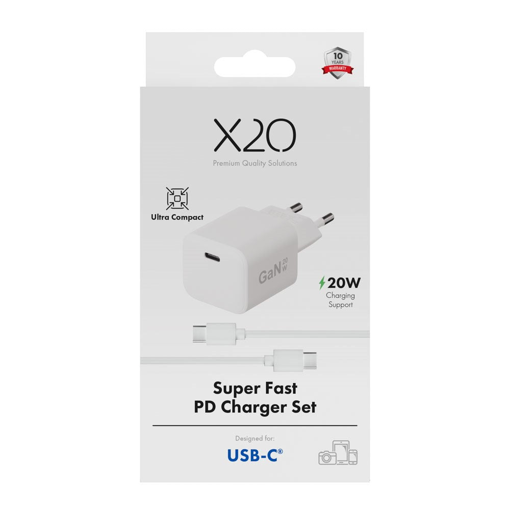 X2O 20W Wall Charger with 1x USB-C & 1x USB-C Cable – 1.2m – White