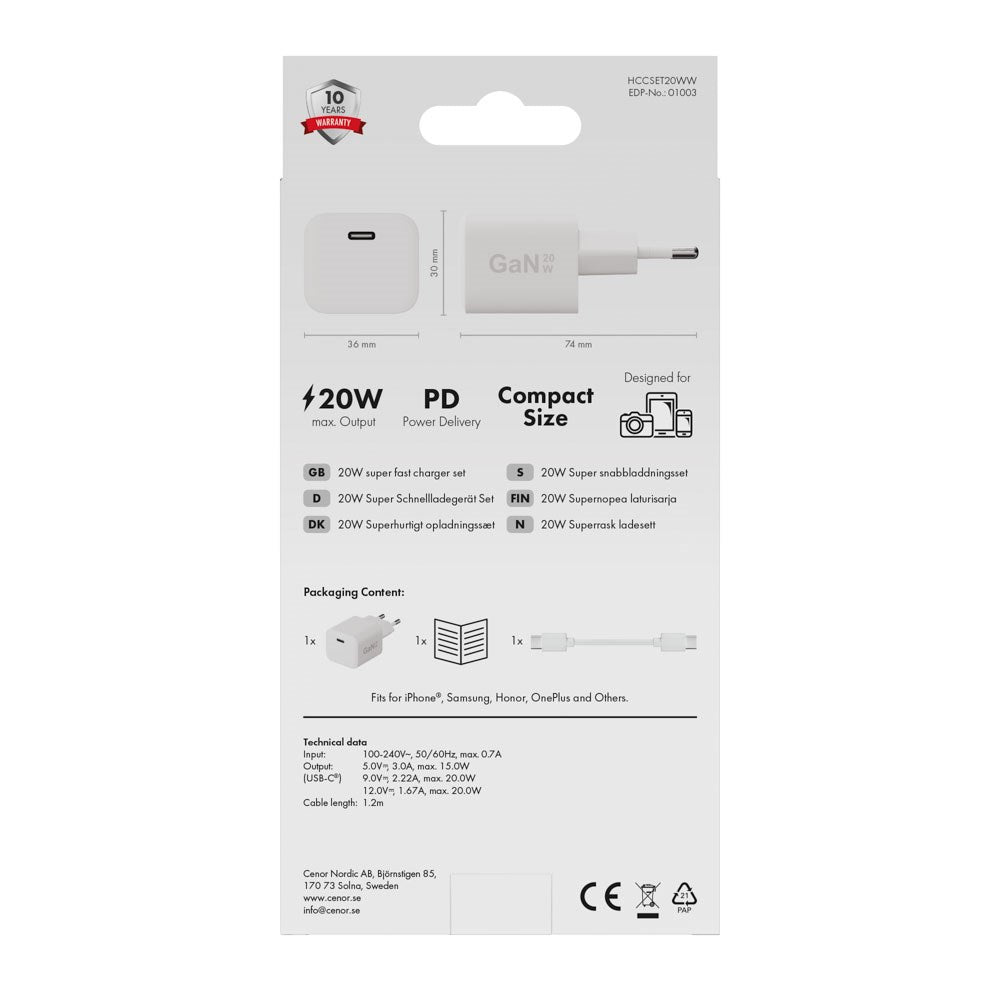 X2O 20W Wall Charger with 1x USB-C & 1x USB-C Cable – 1.2m – White