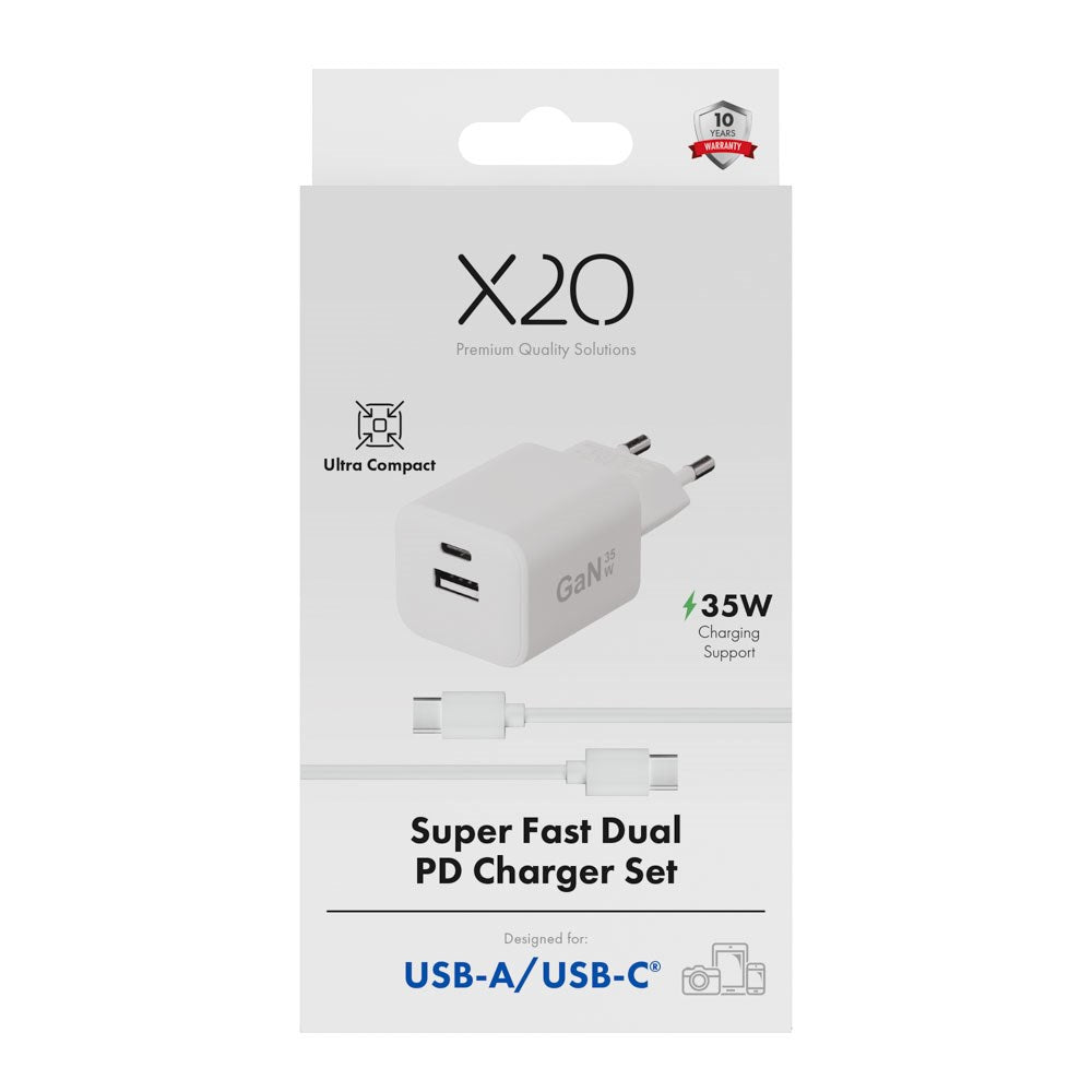 X2O 35W Wall Charger w. 1x USB-A / 1x USB-C / 1x USB-C Cable - 1.2m - White