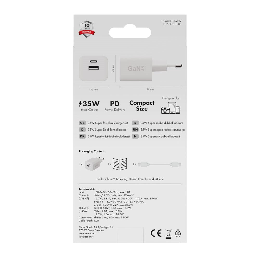 X2O 35W Wall Charger w. 1x USB-A / 1x USB-C / 1x USB-C Cable - 1.2m - White