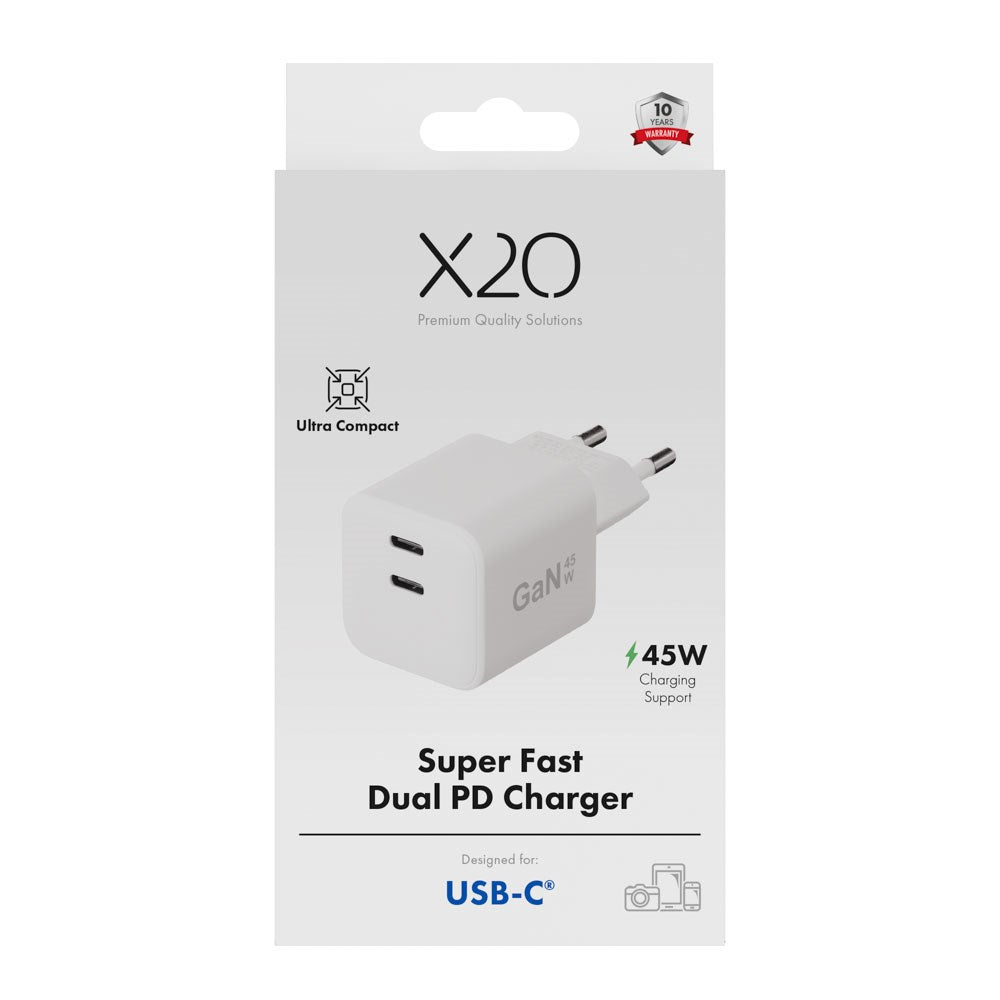 X2O 45W GaN Wall Charger with 2x USB-C - White