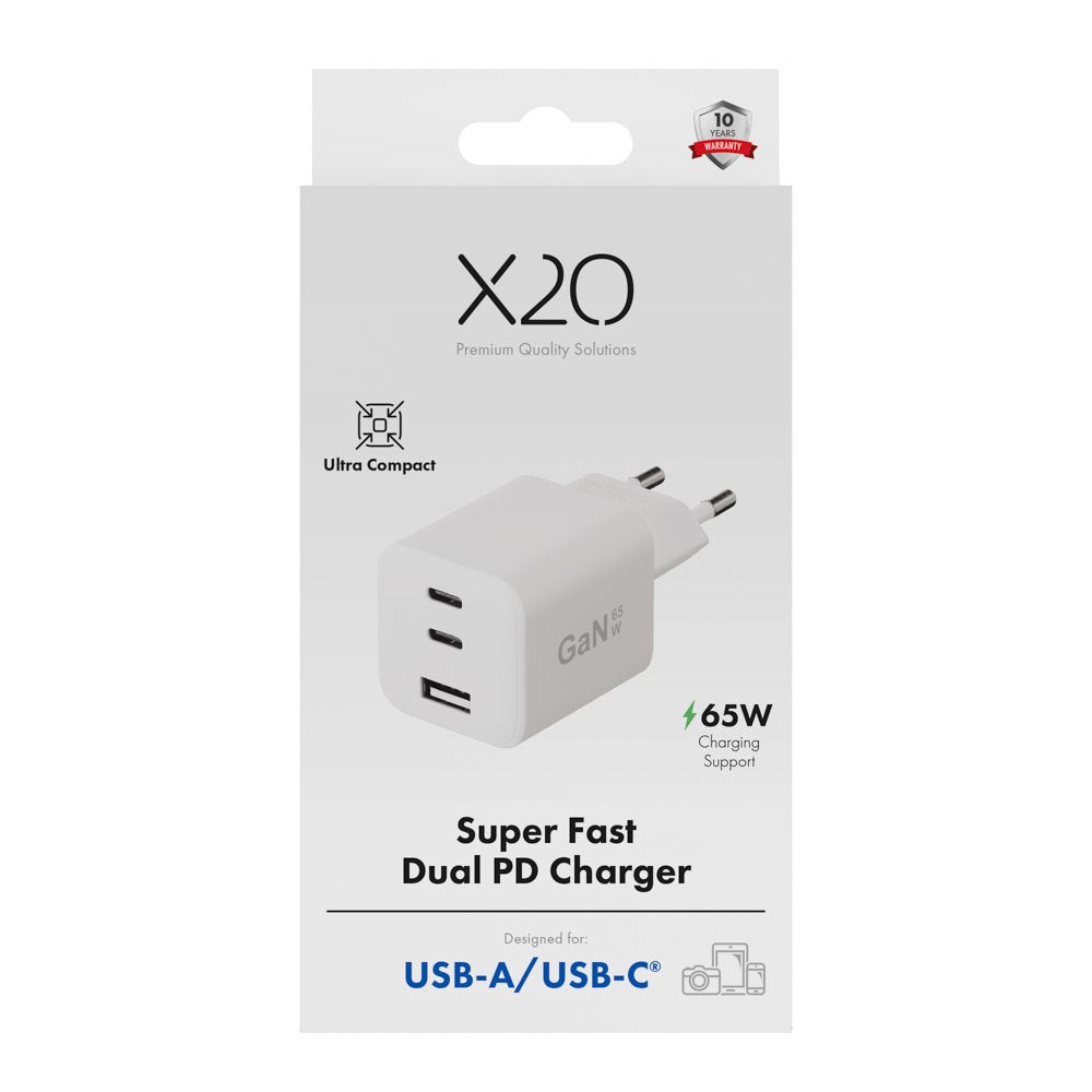 X2O 65W GaN Wall Charger with 2x USB-C & 1x USB-A - White