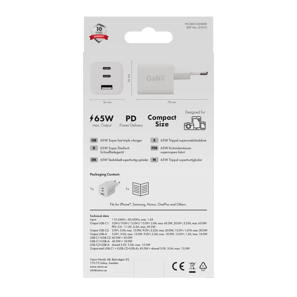 X2O 65W GaN Wall Charger with 2x USB-C & 1x USB-A - White