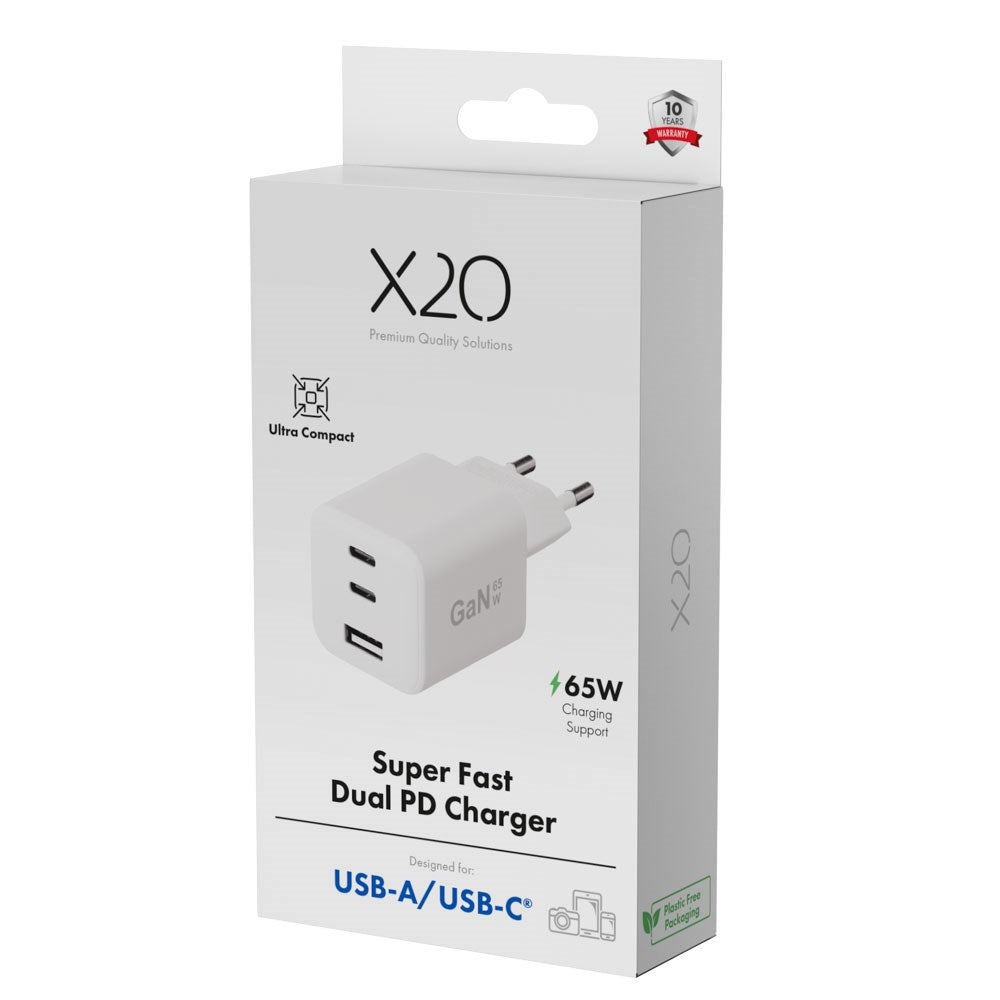 X2O 65W GaN Wall Charger with 2x USB-C & 1x USB-A - White