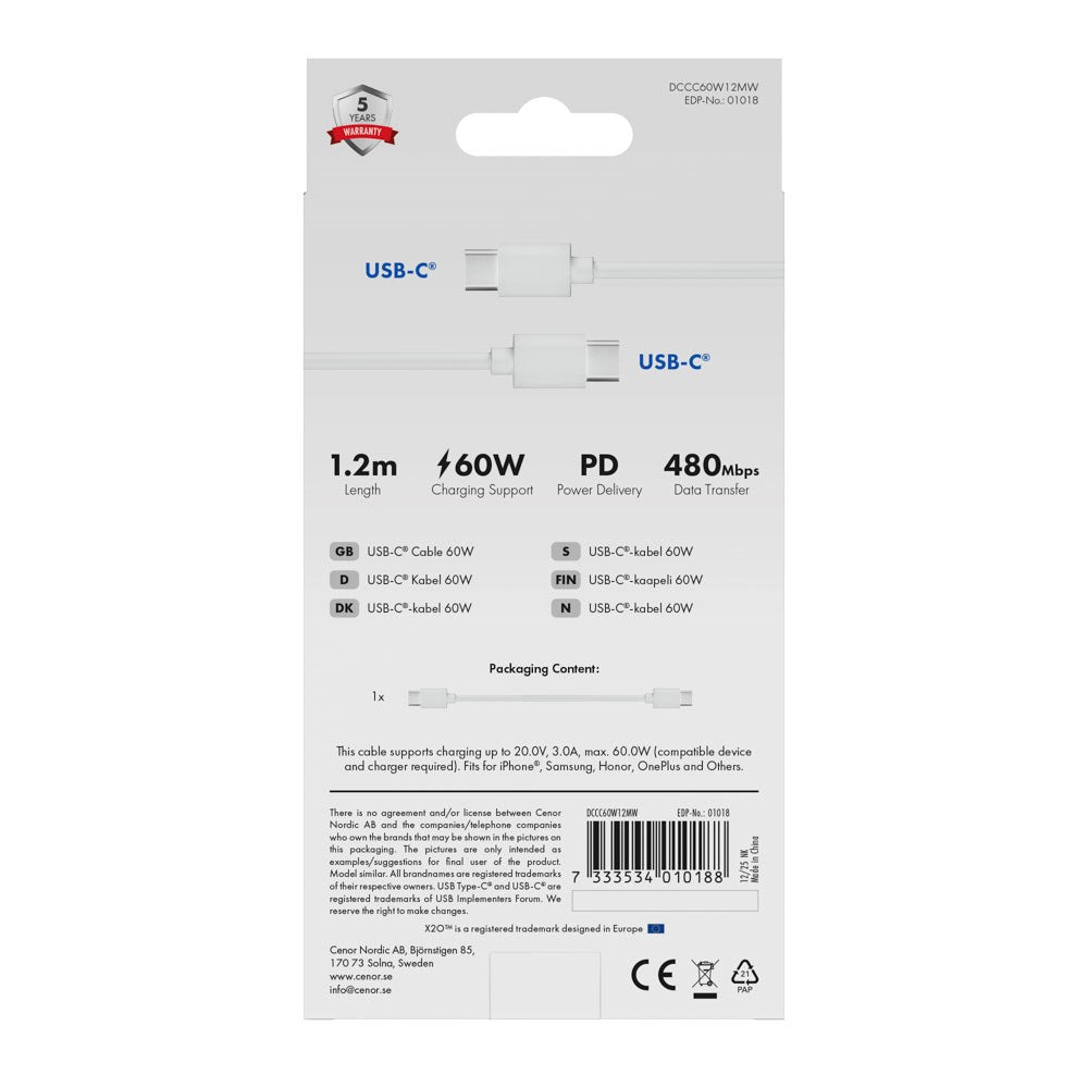 X2O Basic 60W USB-C to USB-C Cable - 1.2m - White