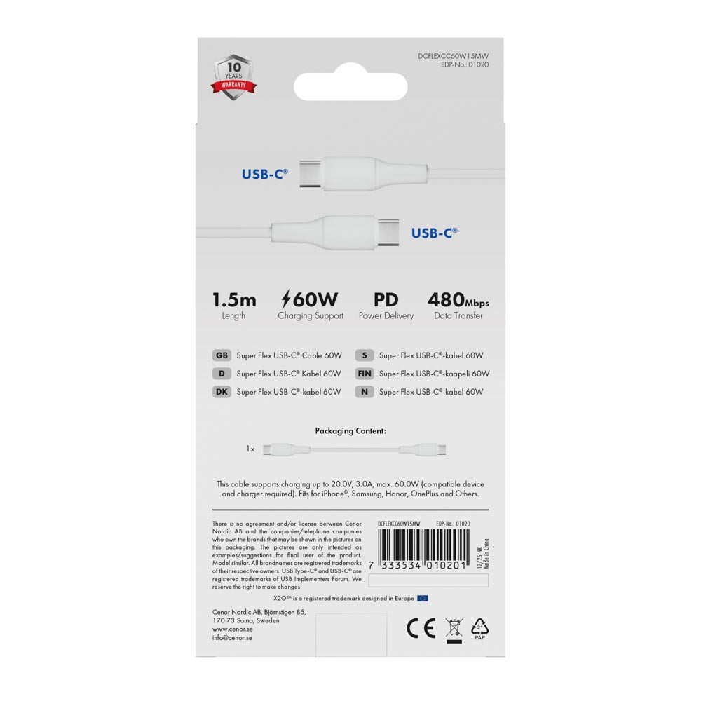 X2O Superflex 60W USB-C to USB-C Cable - 1.5m - White