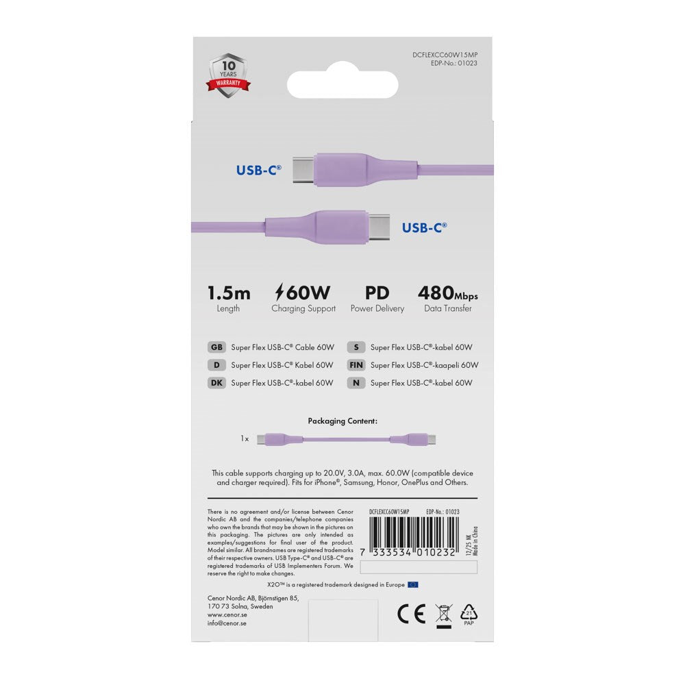 X2O Superflex 60W USB-C to USB-C Cable - 1.5m - Purple