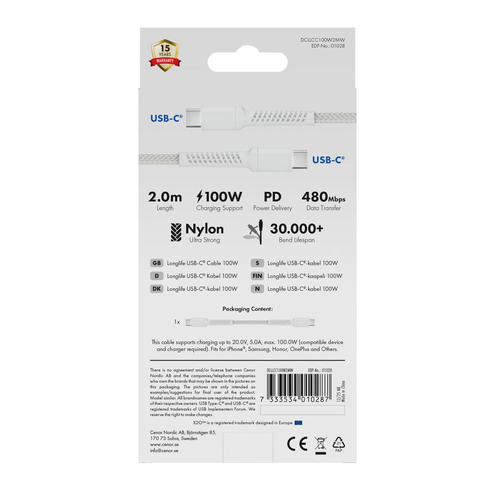 X2O Longlife 100W USB-C to USB-C Cable - 2m - White