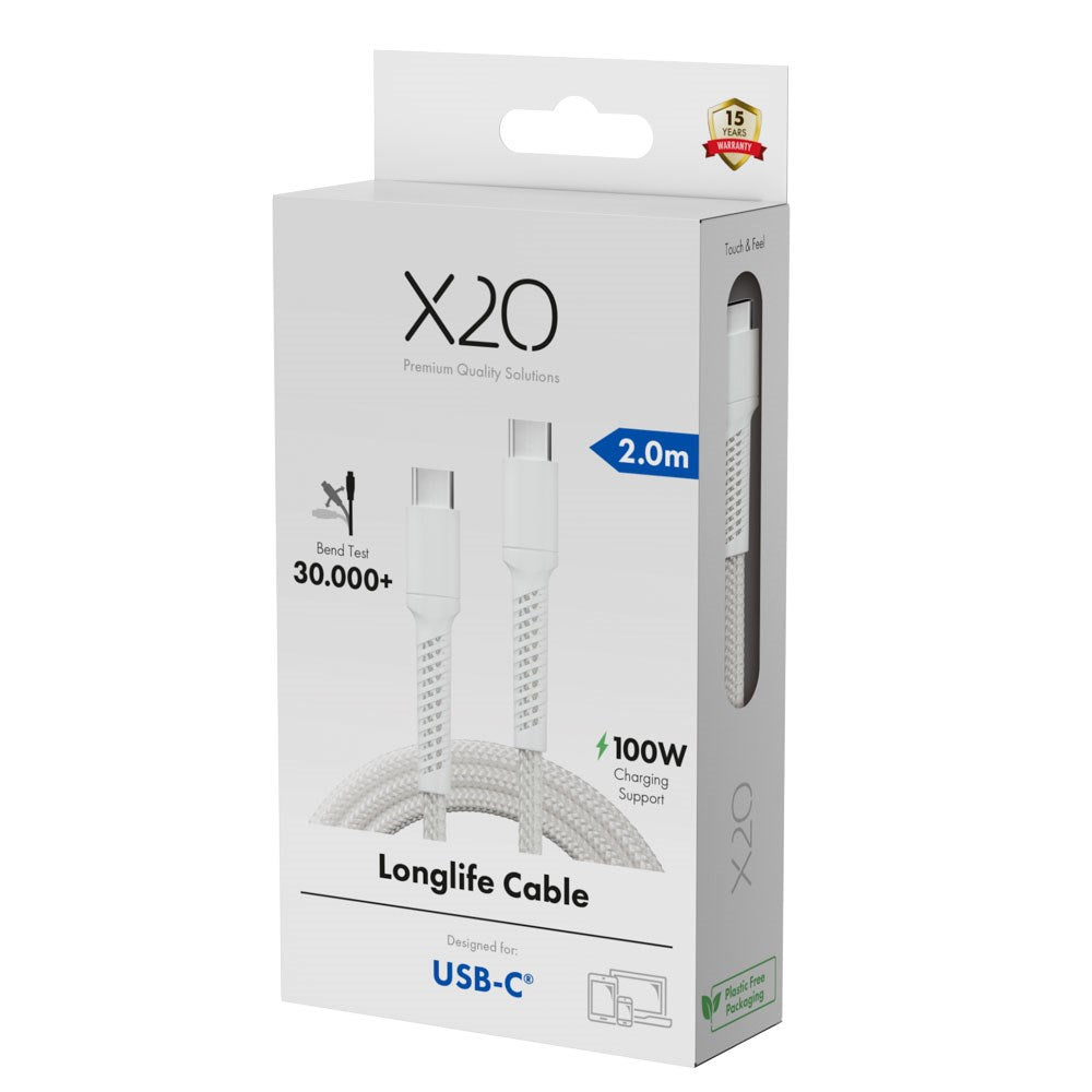 X2O Longlife 100W USB-C to USB-C Cable - 2m - White