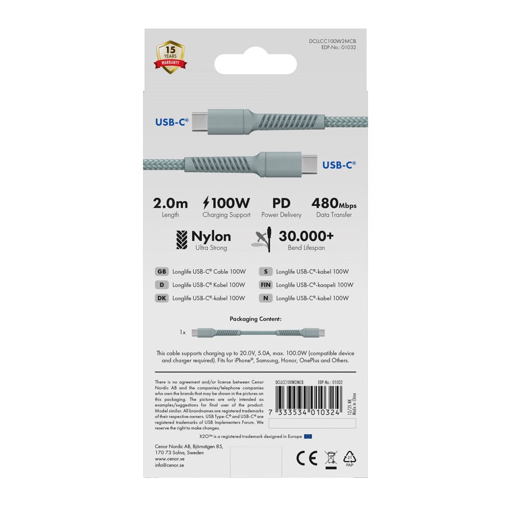 X2O Longlife 100W USB-C to USB-C Cable - 2m - Blue