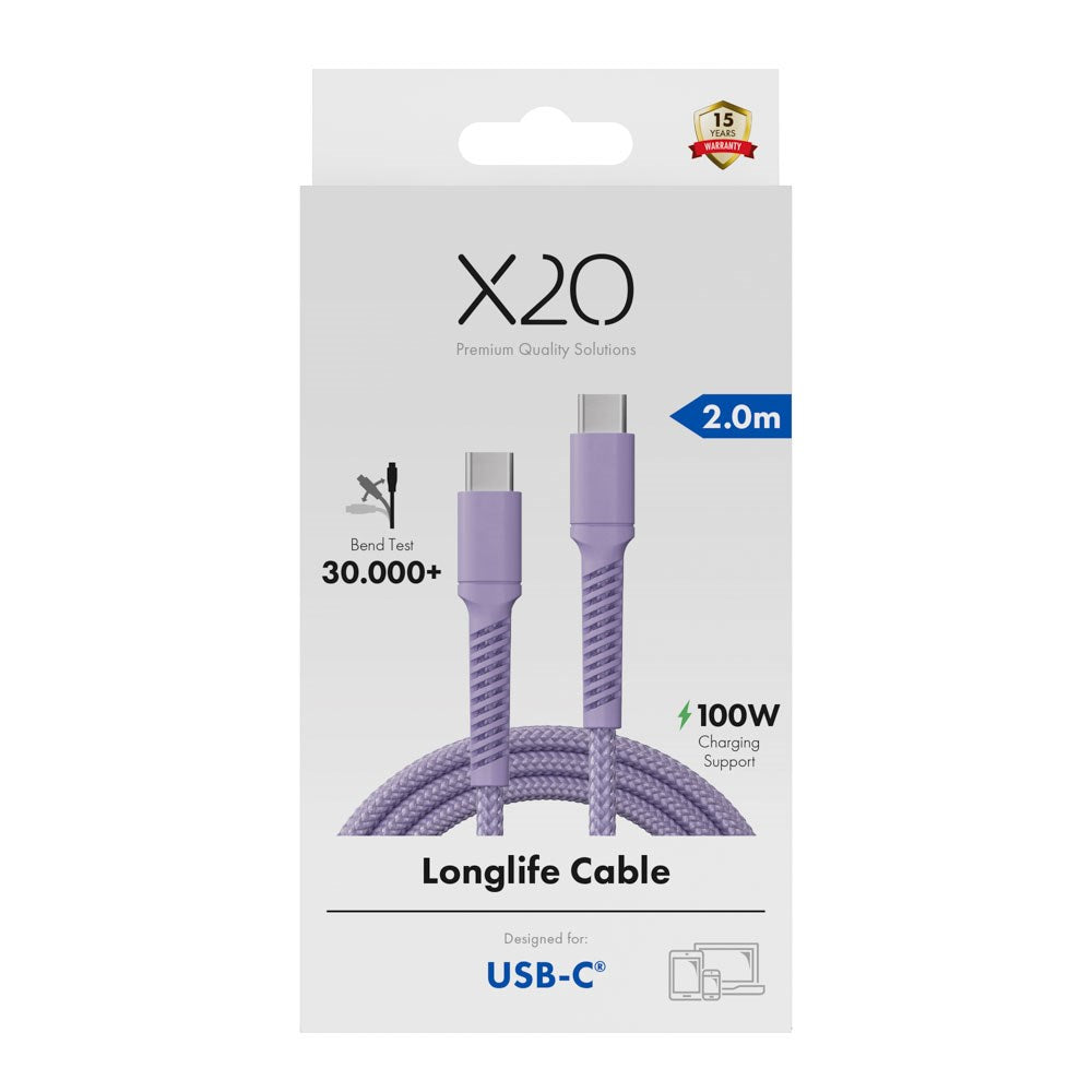 X2O Longlife 100W USB-C to USB-C Cable - 2m - Purple