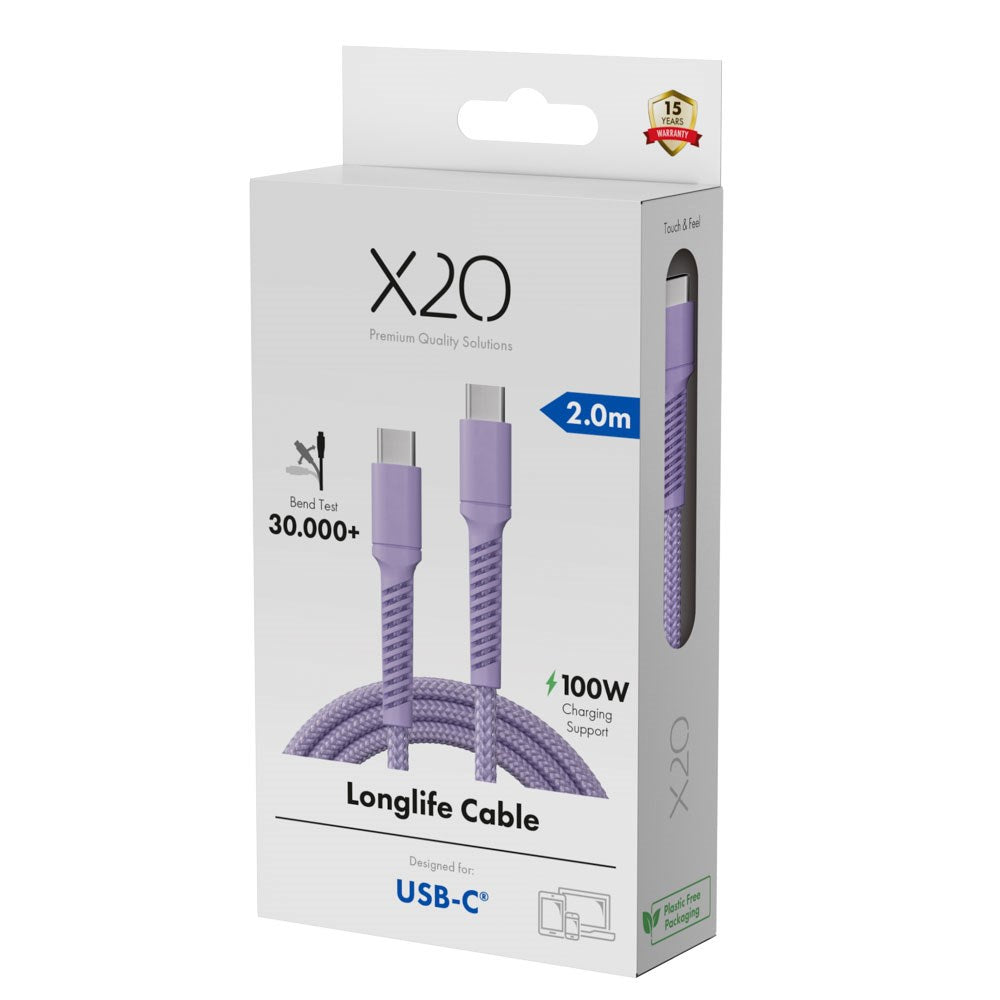 X2O Longlife 100W USB-C to USB-C Cable - 2m - Purple