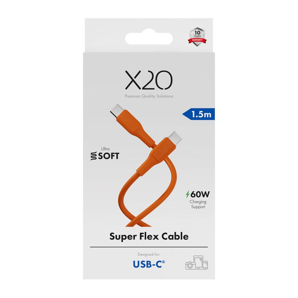 X2O Superflex 60W USB-C to USB-C Cable - 1.5m - Orange