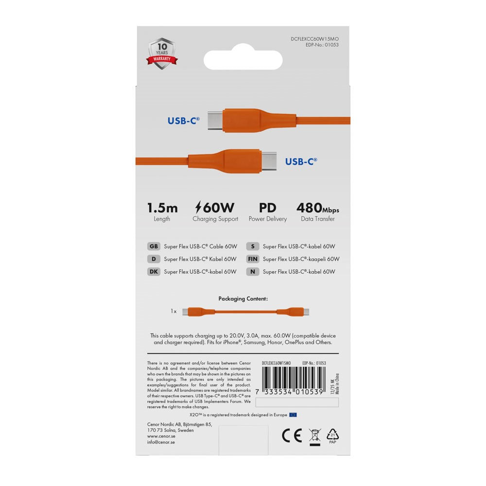 X2O Superflex 60W USB-C to USB-C Cable - 1.5m - Orange