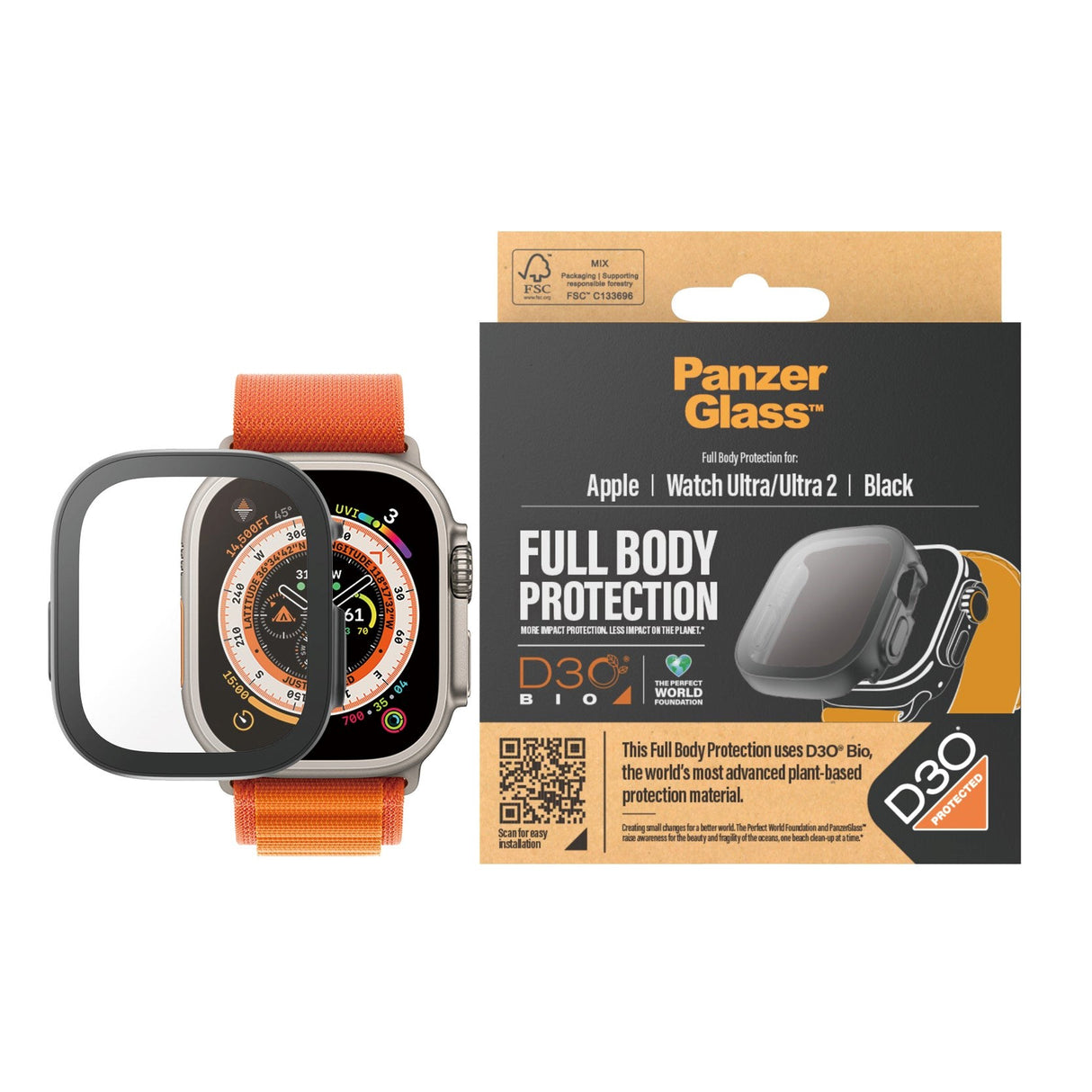 PanzerGlass Apple Watch Ultra 3/2/1 (49mm) Full Body D3O Bio Protection Case w. Built-in Screen Protection - Black