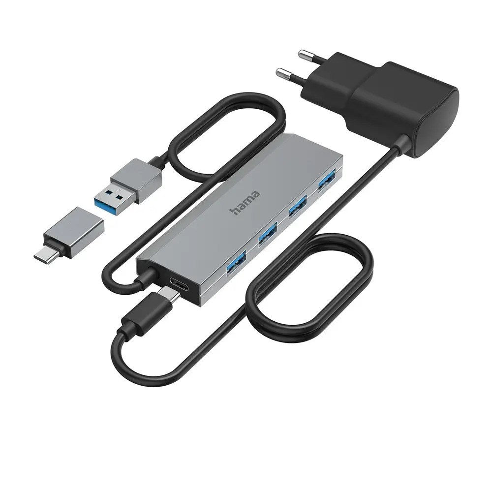 HAMA USB-A Hub with USB-C Adapter – Grey