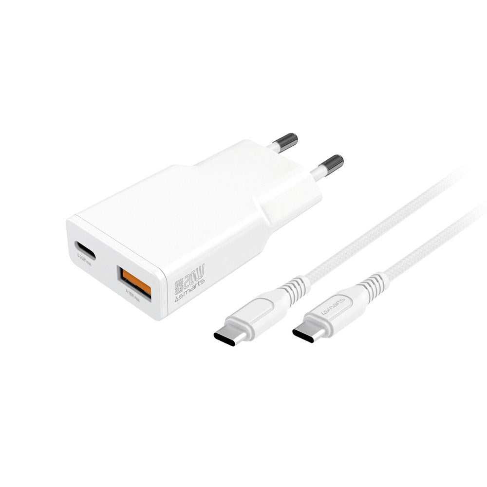 4smarts PDPlug Slim 20W Wall Charger with 1 x USB-A & 1 x USB-A & Built-in USB-C Cable - White