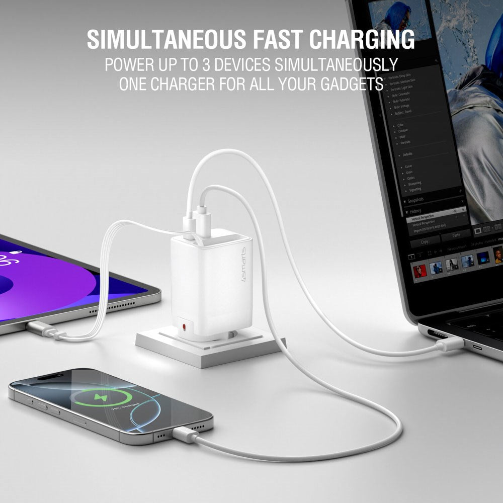 4smarts 65W Flex Jojo Wall Charger with EU / US plug - 1 x USB-A - 1 x USB-C - 1 x USB-C Kabel - White