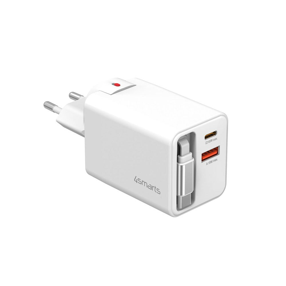 4smarts 65W Flex Jojo Wall Charger with EU / US plug - 1 x USB-A - 1 x USB-C - 1 x USB-C Kabel - White