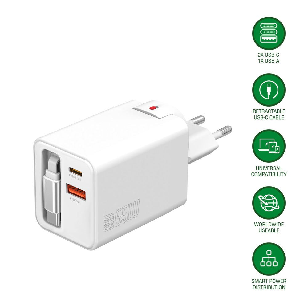 4smarts 65W Flex Jojo Wall Charger with EU / US plug - 1 x USB-A - 1 x USB-C - 1 x USB-C Kabel - White