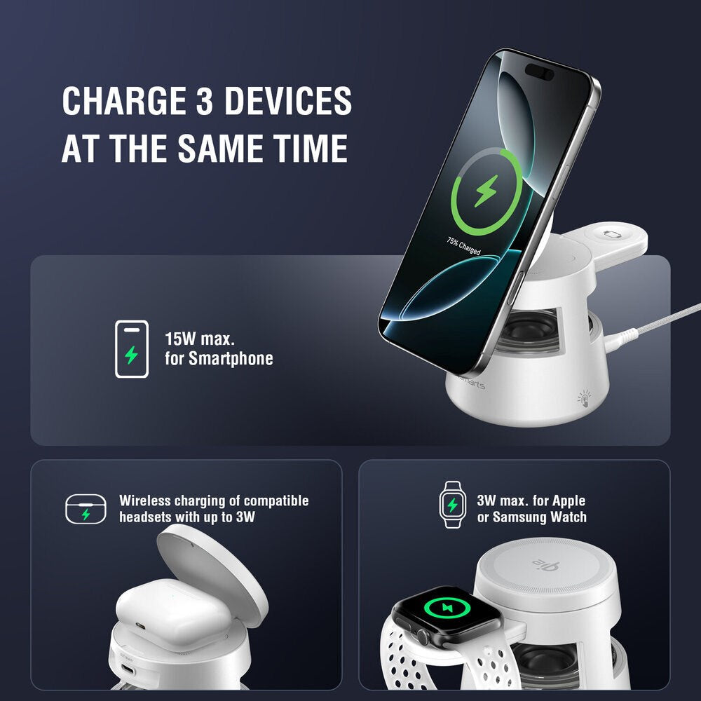 4smarts 3-in-1 Wireless Charger with Built-in Light & Bluetooth for Smartphone / Smartwatch / AirPods - MagSafe / Qi2 Compatible - White