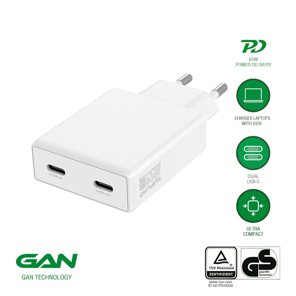 4smarts PDPlug Slim 65W Wall Charger with 2 x USB-C - White