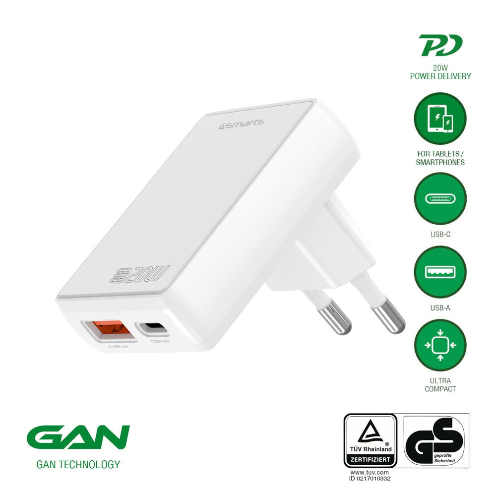 4smarts FlatPlug 20W Wall Charger with 1 x USB-C 1 x USB-A - White