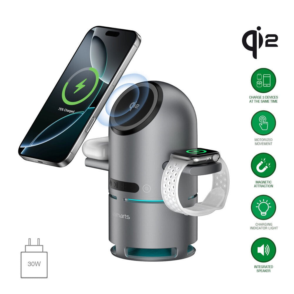 4smarts ChargeBot Sound 3-in-1 Wireless Charger with Bluetooth Speaker - Smartphone / Smartwatch / AirPods - MagSafe / Qi2 Compatible - Grey