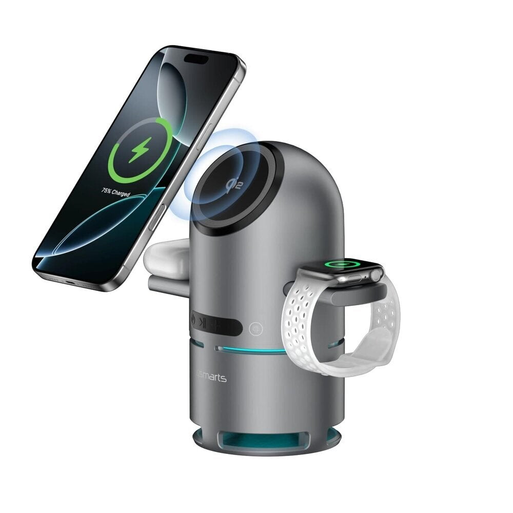 4smarts ChargeBot Sound 3-in-1 Wireless Charger with Bluetooth Speaker - Smartphone / Smartwatch / AirPods - MagSafe / Qi2 Compatible - Grey