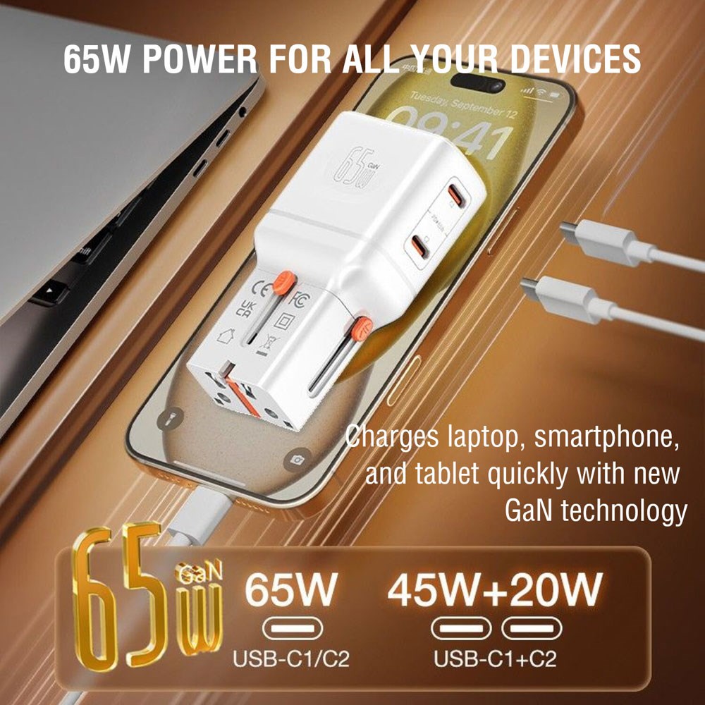4smarts 65W Travel Adapter for EU/UK/US/AUS with 2 x USB-C & 1 x USB-A Adapter - White