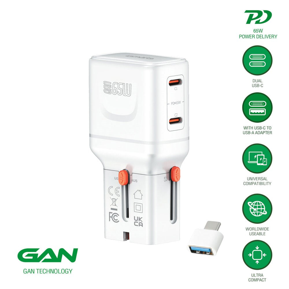 4smarts 65W Travel Adapter for EU/UK/US/AUS with 2 x USB-C & 1 x USB-A Adapter - White