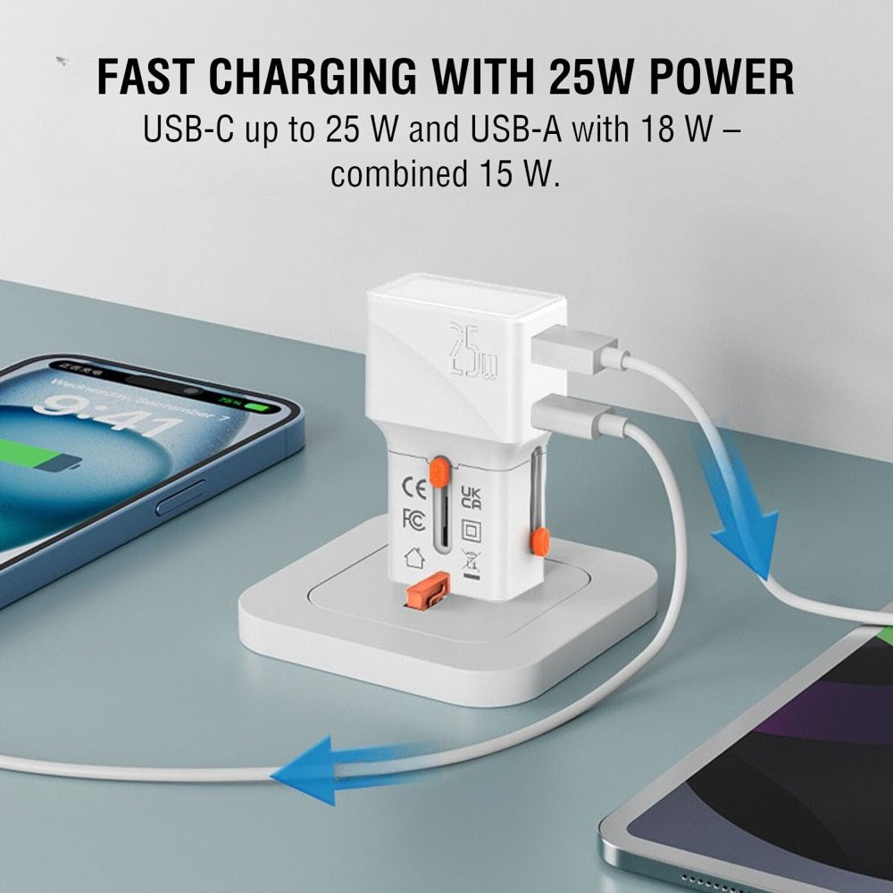 4smarts 25W Travel Adapter for EU/UK/US/AUS with 1 x USB-C 1 x USB-A - White